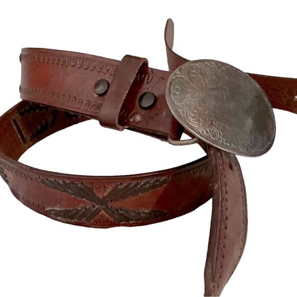 VTG Below the belt brown leather silver buckle adjustable belt size 36 - Picture 1 of 6